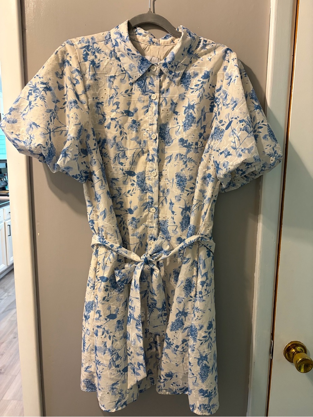 Sam Edelman White Mini Shirt Dress with Blue Floral Print and Tie